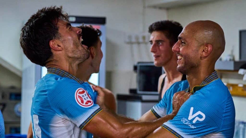 Erik Ruiz, en éxtasis tras vencer con la UD Ibiza al Villarreal B (0-1)
