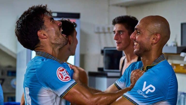 Erik Ruiz, en éxtasis tras vencer con la UD Ibiza al Villarreal B (0-1)